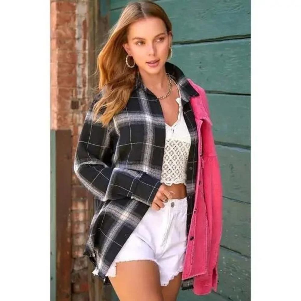 LA MIEL M Oversize Button Down Shirt Black Grey Plaid Raw Frayed Edge‎ Grunge